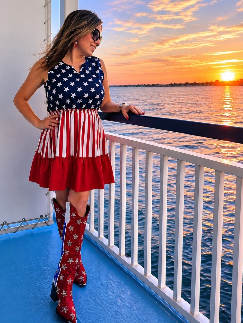 Star-Embellished Red & Blue Over-the-Knee Boots